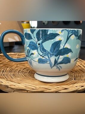 Anthropologie Blue Botanical Parrot Ceramic Mug